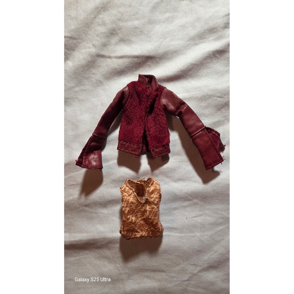 Barbie Doll Burgundy Faux Leather Jacket and Patterned Top Set